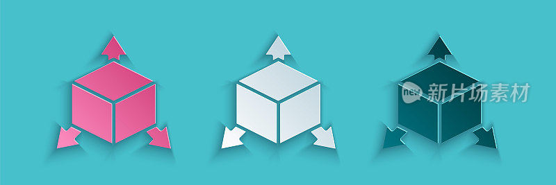 剪纸等距立方体图标孤立在蓝色背景上。几何立方体固体图标。3 d广场的迹象。盒子的象征。纸艺术风格。向量